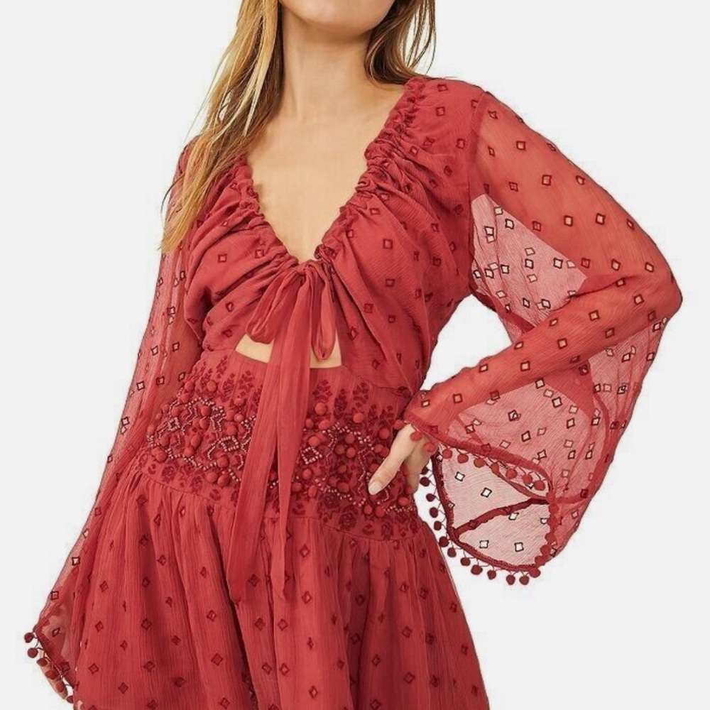 Free People Della Sole Embroidered Beaded Pom Pom Mini Dress